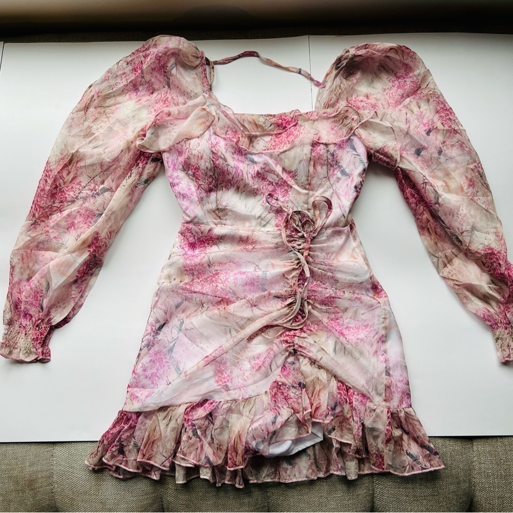 Floral print mini dress with ruffles long sleeve pattern - Picture 5 of 10